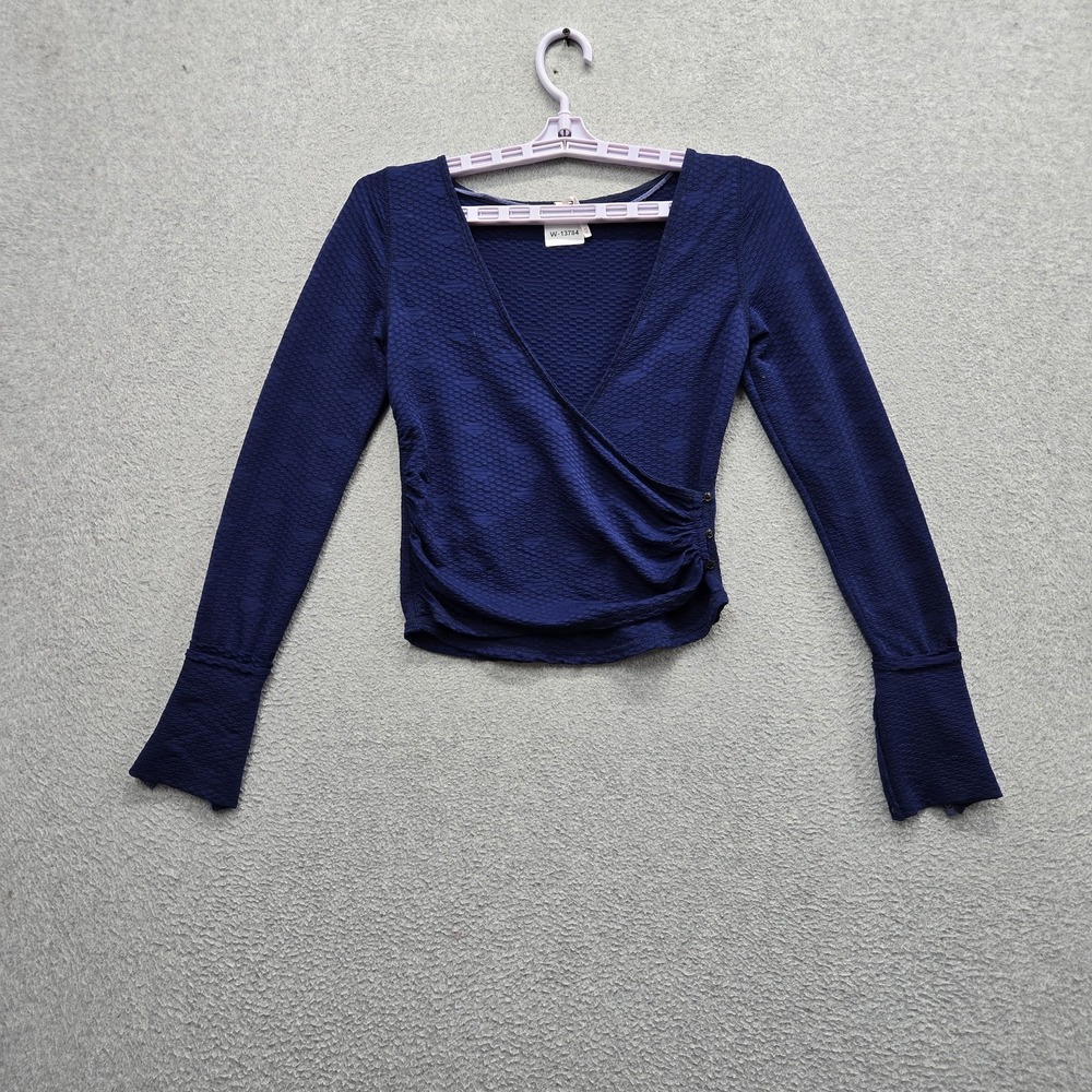 Free People Women Blouse XS Blue Geometric Penny Top V-Neck Front Stretch